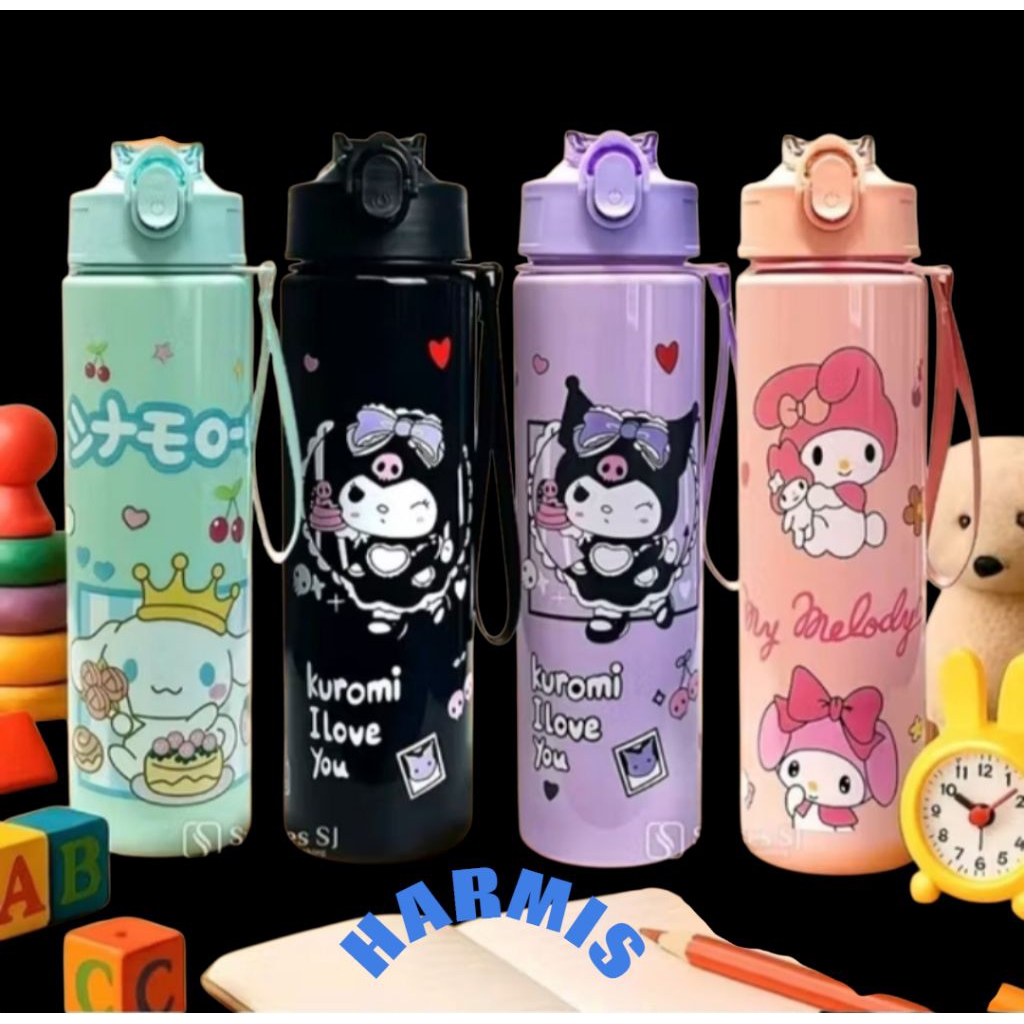 Botol minum 900 ML Hitam pink  Ungu plastik karakter lucu anak perempuan ada sedotan dan tali pegang