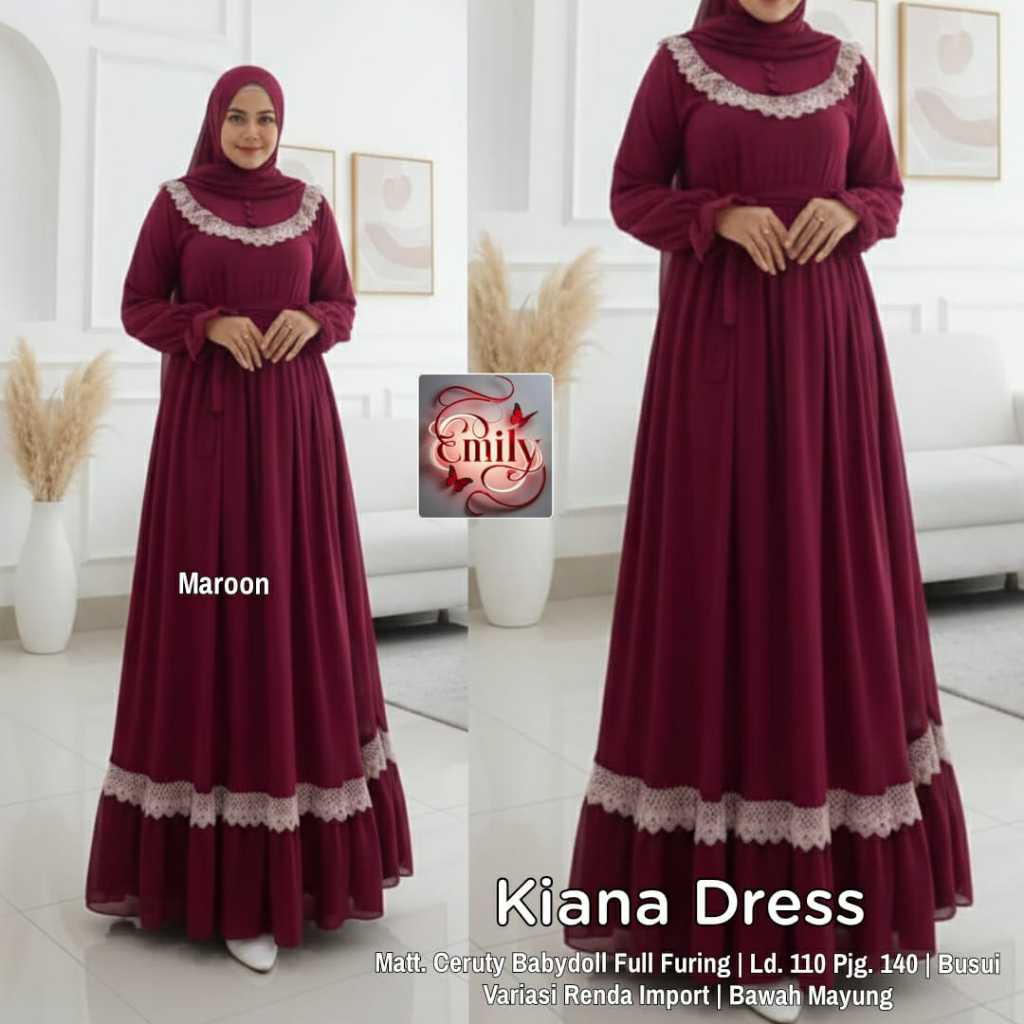 Kiana Dress Gamis Syar'i Muslimah Pesta Jumbo Original Emily Ceruty Babydoll Full Furing LD 110 PB 1