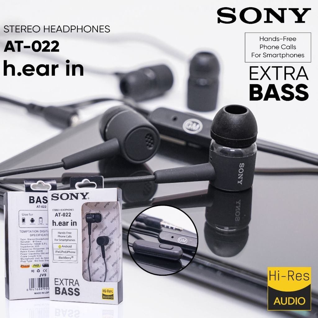 SONY AT-022 Headset Extra Bass Jack 3.5mm Mic Handsfree Suara Mantap