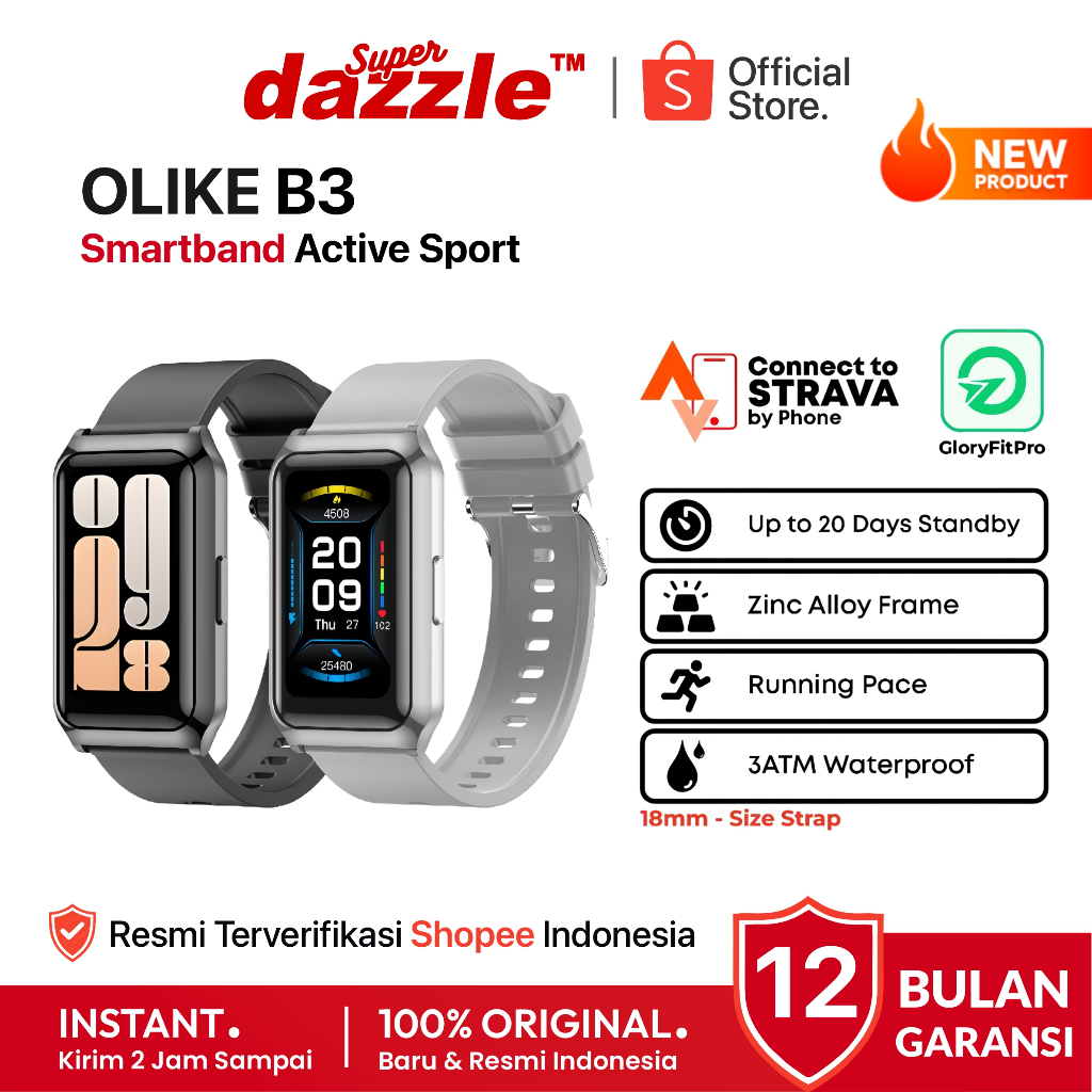 OLIKE B3 Smartband Sport 2.7D Curved 3ATM Waterproof 20 Day Battery Health Monitor Strava 18mm