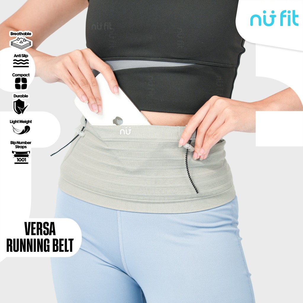 Nu Fit - (HITAM DAN ABU) Versa Running Belt - Tas Lari Unisex dengan BIB - Tas Pinggang Olahraga Mul