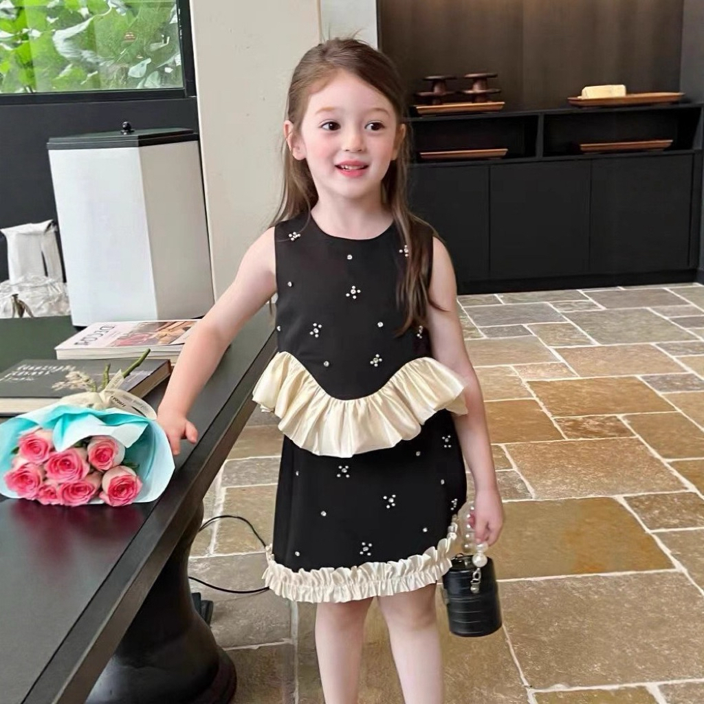 2-10Tahun Setelan rok ruffle elegant hitam baju anak perempuan korea style