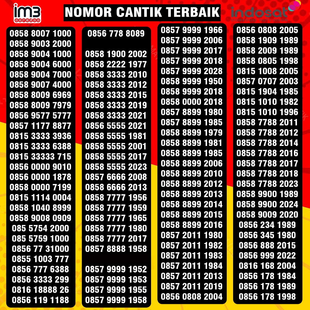 Nomor Cantik Indosat 11 Digit Nomer Cantik Im3 Tahun Lahir 2024 2023 2022 2021 2020 2019 2018 2017 2