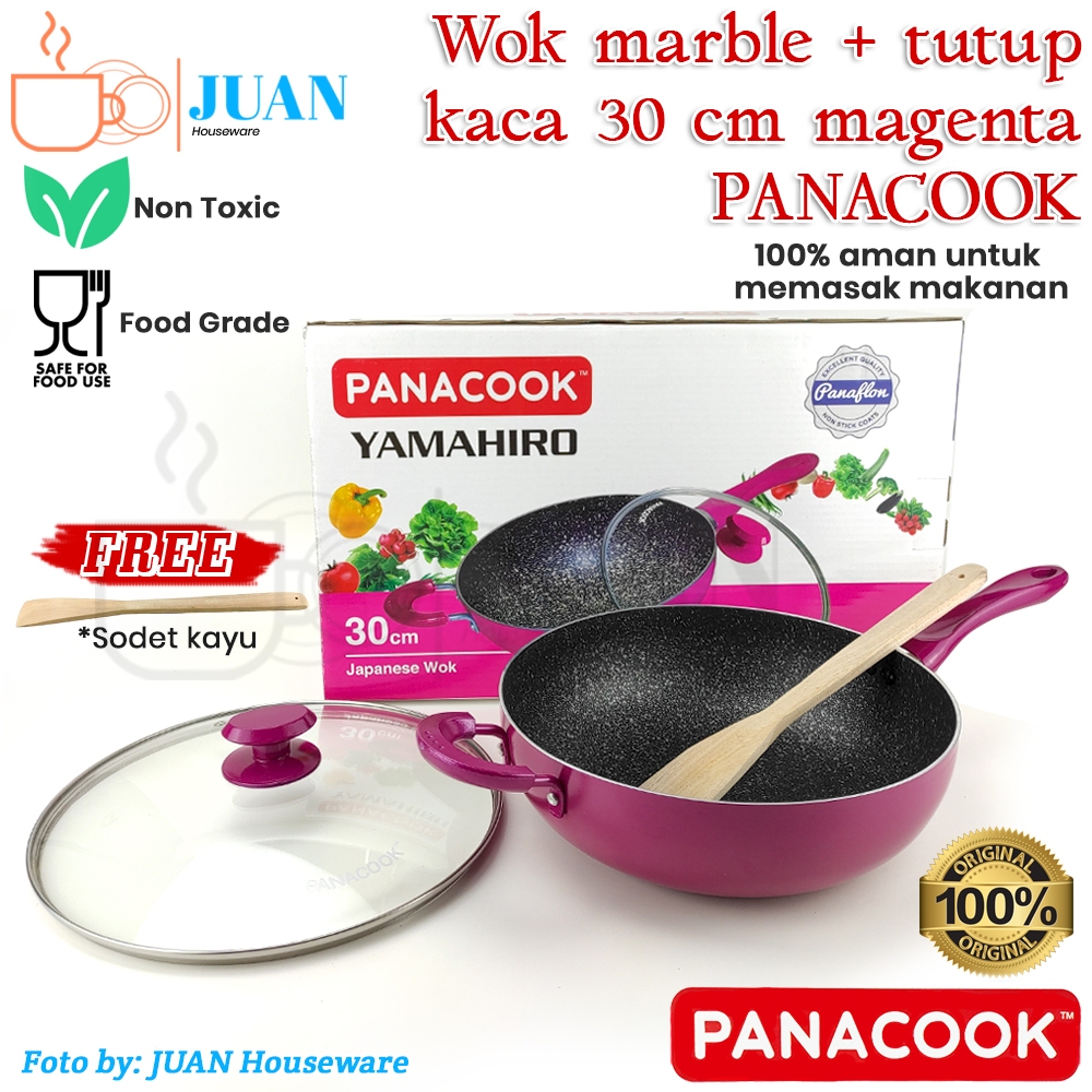 PANACOOK stir wok 30cm + tutup + sodet kayu teflon anti lengket magenta / panci masak wajan penggore