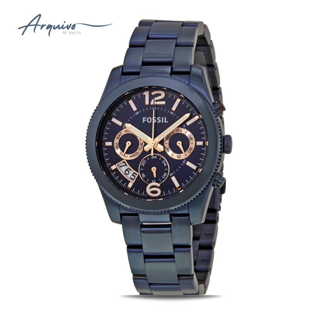 Jam Tangan Wanita Fossil Perfect Boyfriend Chronograph Blue Stainless Steel Mewah Sporty Original ES