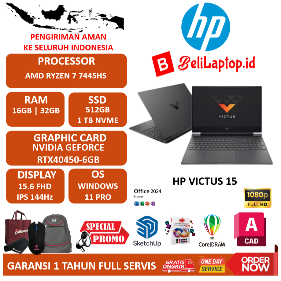 Laptop Gaming HP Victus 15 RTX4050 Ryzen 7 7445HS 32GB 1TB SSD FHD IPS 144Hz Windows 11