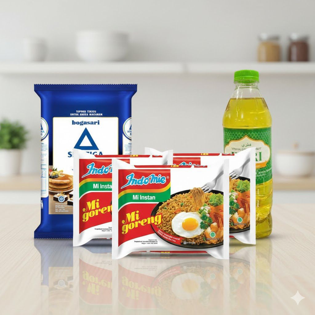 paket sembako Indomie goreng 3pcs. tepung terigu segitiga biru 1kg 1 pcs. minyak goreng Fitri 400ml 