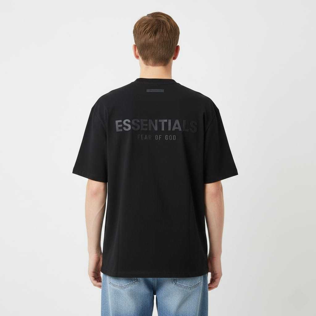 FOG Essentials Reflective 3M Text Logo Rubber Patch At Back Hitam - Putih T-Shirt Kaos Tebal Adem
