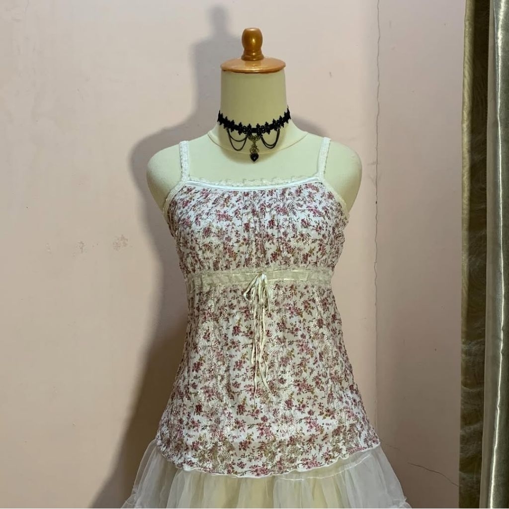 Floral brocade fairycore pink flower milkmaid ribbon cami camisole like liz lisa kawaii kawai coquet