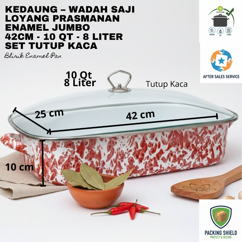 Kedaung – Wadah Saji Loyang Prasmanan Enamel Jumbo 42cm - 10 Qt - 8 Liter – Set Tutup Kaca & Anti Ka
