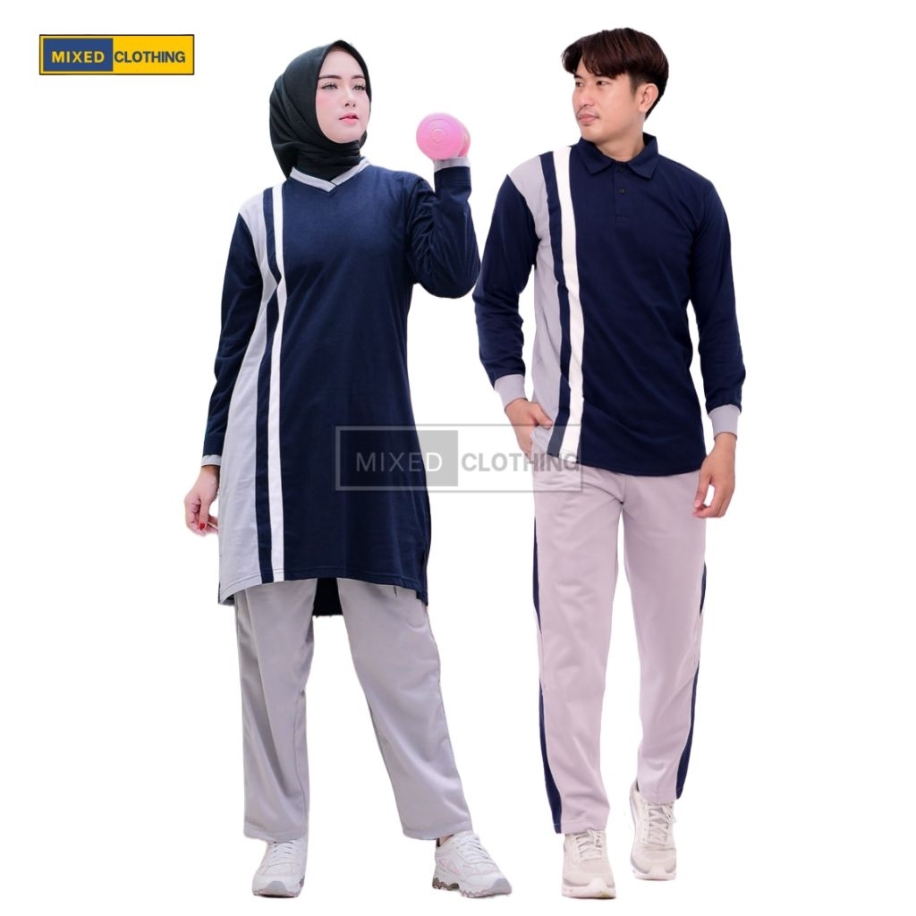 Setelan Olahraga Couple Pria Wanita Muslim - Baju Olahraga Tunik dan Celana Panjang