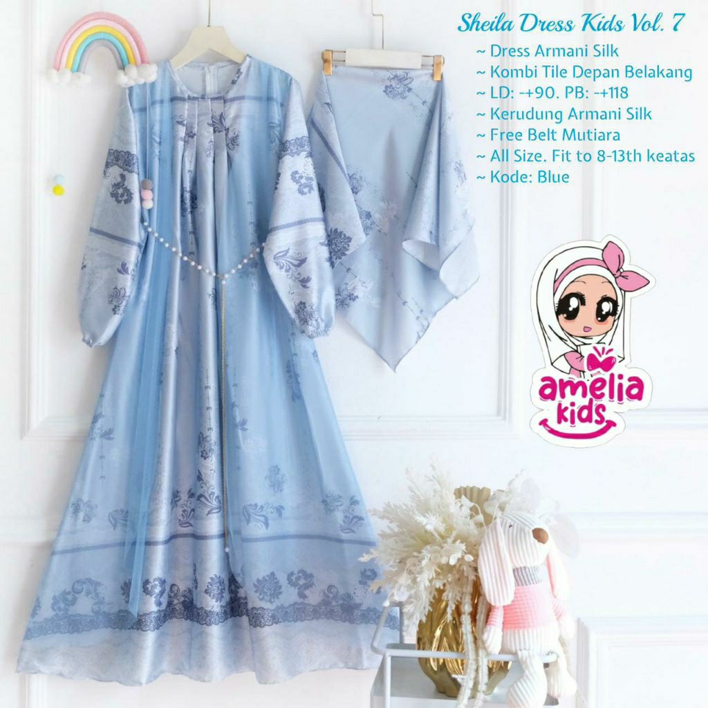 Sheila gamis silk anak remaja (free+hijab) dress silk lebaran mix tile
