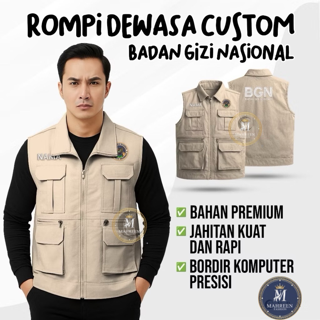 Rompi Vest Kerah Dewasa Custom Bordir Sablon Badan Gizi Nasional BGN SPPG / Rompi Kerah Custom Petug