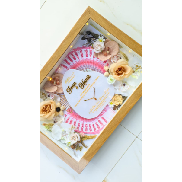 Mahar Pernikahan Custom A3 + Bingkai Kaca – Mahar Uang & Logam Mulia Elegan