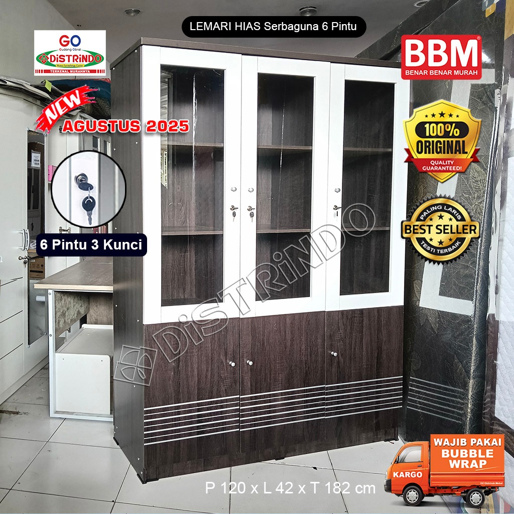 Distrindo - Lemari Hias Etalase banyak Rak TEBAL Pintu Kaca untuk Buku Tas Kosmetik Piring/ Gelas