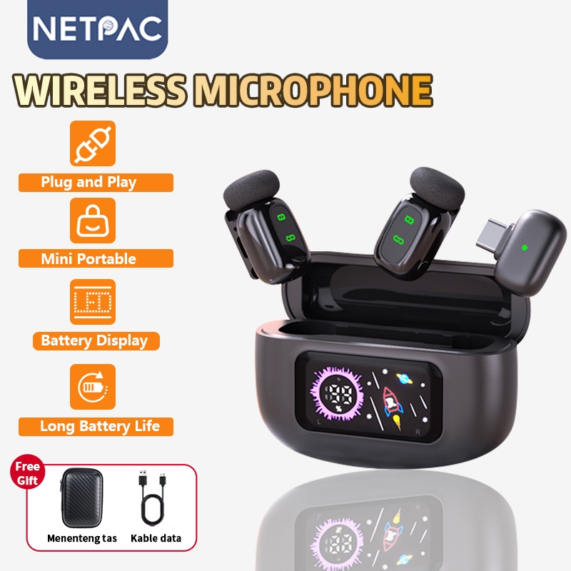 NETPAC T80 Wireless Microphone 2 Lavalier Mic Plug Play untuk HP Kamera Live Streaming YouTube/Vlog