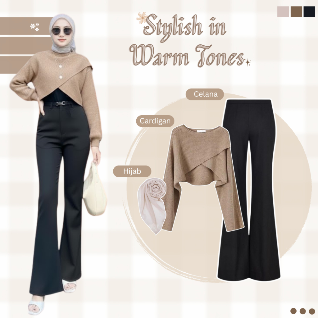 Outfit Rajut Silang Set 3in1 (Celana Cutbray + Rajut Silang + Hijab) Ootd Hijab Casual Wanita Kekini