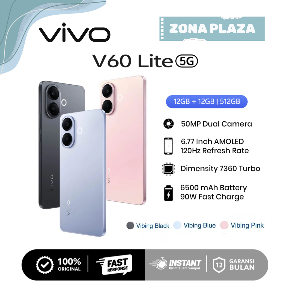 Vivo V60 Lite 5G 8/256GB 12/512GB NFC RAM 12+12GB Extended 6500mAh + 90W Vivo hp terbaru 2025