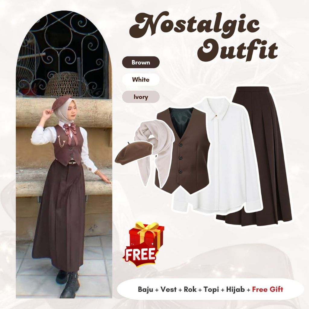 POPULER Outfit Vintage Wanita Brown Baju+Ves+Rok+Hijab+Topi+BONUS BROSS / PITA Kekinian Nett65