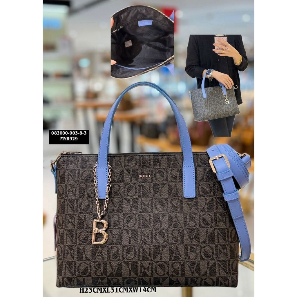 tas bonia original sling top handle bag monogram hitam tali biru