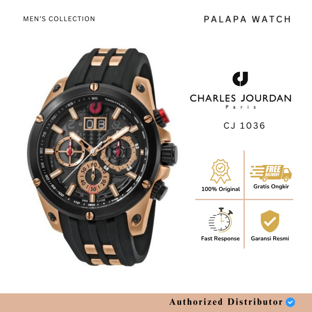 JAM TANGAN PRIA CHARLES JOURDAN CJ1036-1572C ROSEGOLD BLACK RUBBER ORIGINAL