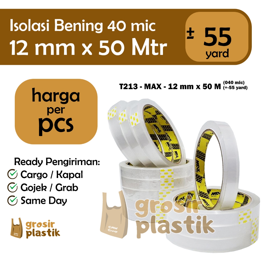 Isolasi Bening Plester Kecil MAX 12mm 50m = 55yrd (40mic - core black) T213 - Grosir Plastik