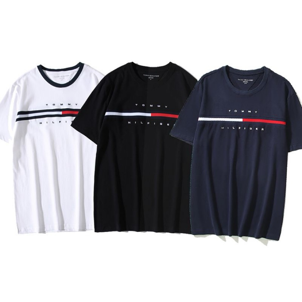 Kaos pria Tommy atasan lengan pendek kasual longgar bergaris merah dan putih