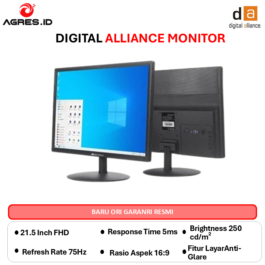 DIGITAL ALLIANCE MONITOR 19 - 22 INCH HD 900P 5MS 75HZ VGA HDMI BLACK DA19-BGS75T