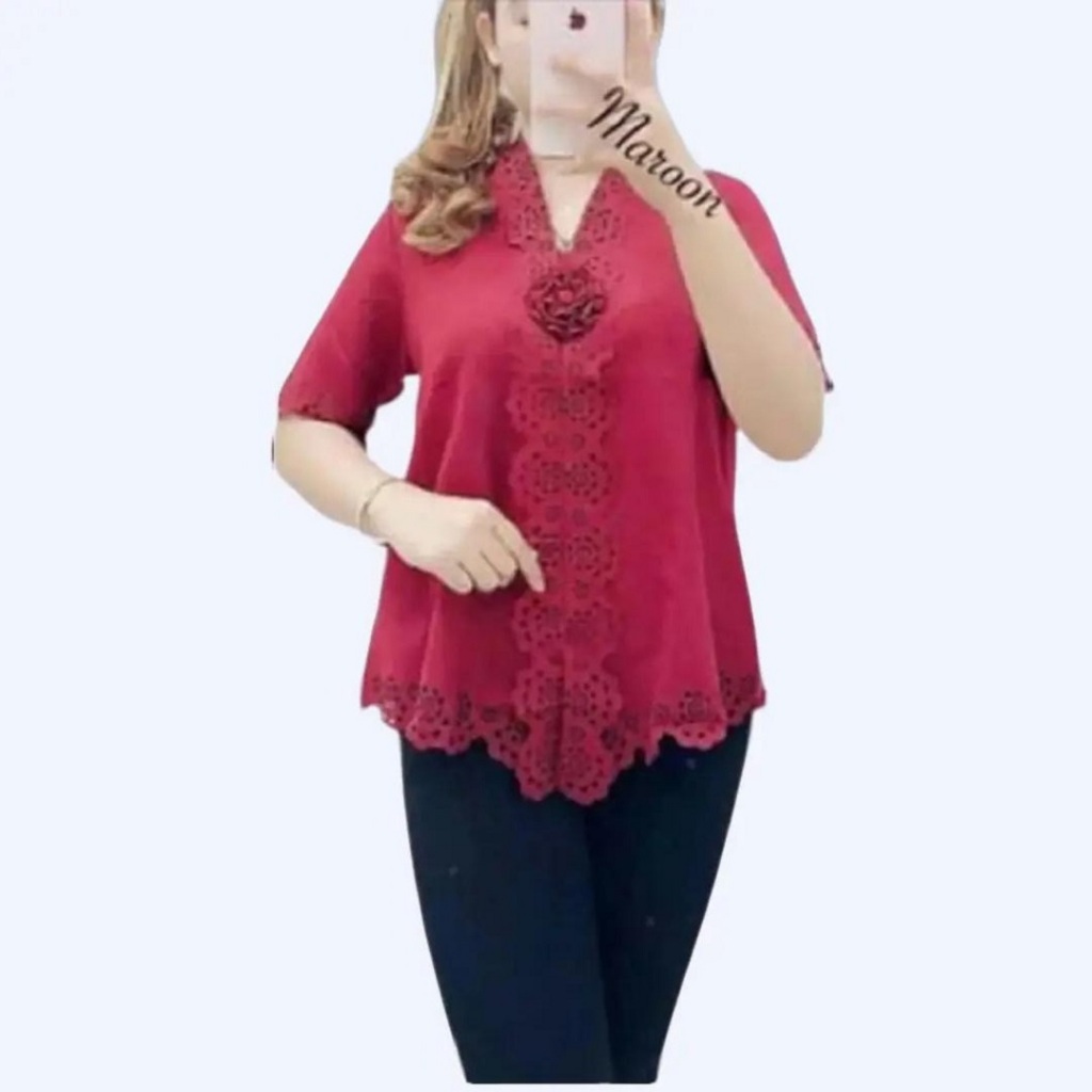Kebaya Encim Senada Modern Lengan Pendek Bahan Katun Renda Warna Maroon