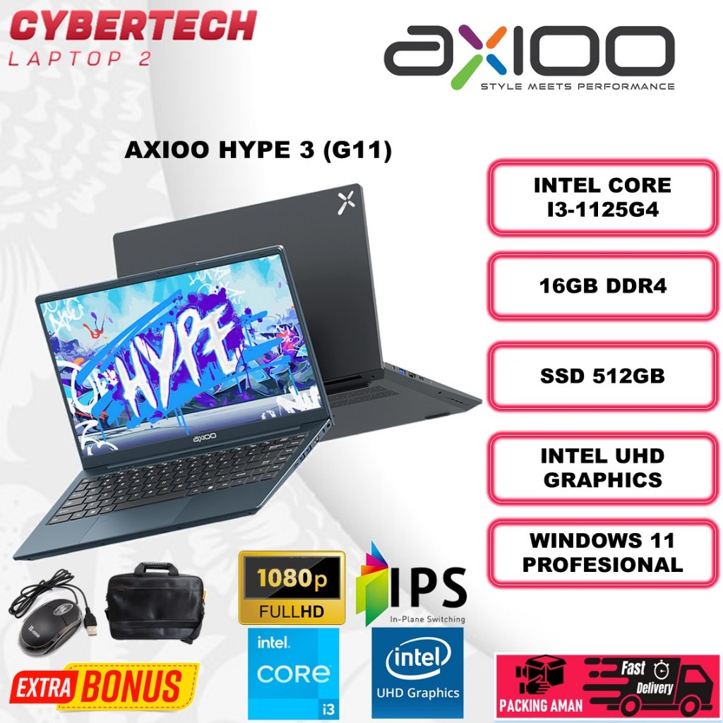 Laptop Baru Axioo Hype 3 Intel Core i3 1125G4 Ram 16GB SSD 512GB 14.0 FHD IPS Windows 11 Pro
