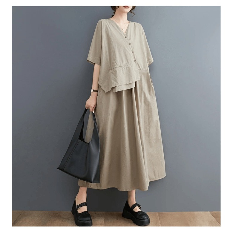 Moderngirlss- Syifa Midi Dress Wanita Simple Long Tunik Linen Rami Polos Jumbo Daily
