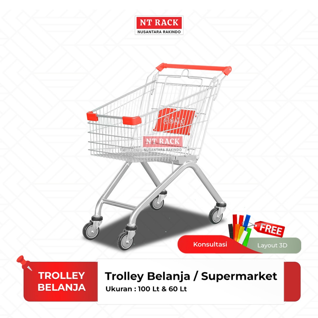 Nusantara Rakindo Trolly Belanja- Troli Supermarket 60L & 100L | Keranjang Dorong Belanja Besi Chrom