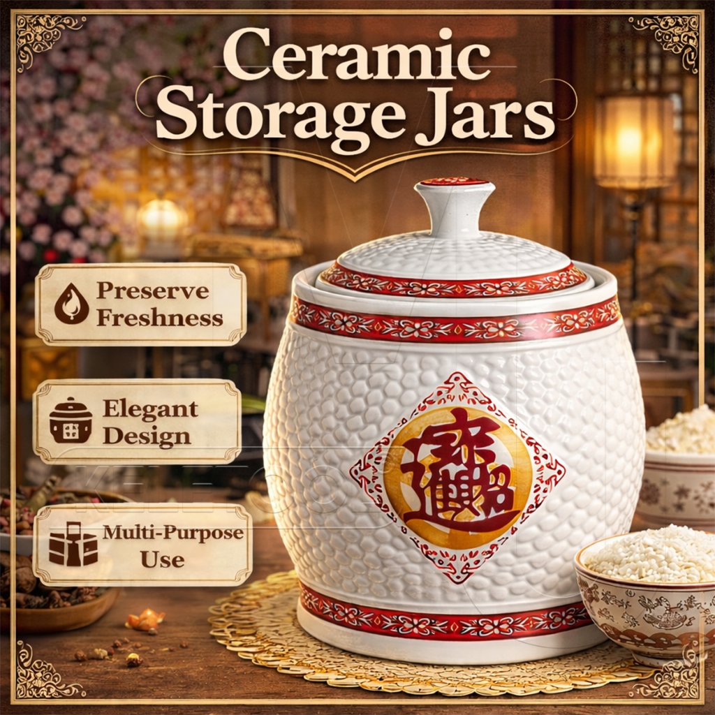 Tempat Beras Keramik 5kg/10kg/12.5kg Guci Beras Keramik Fengshui Wadah Beras Tempat Penyimpanan Bera