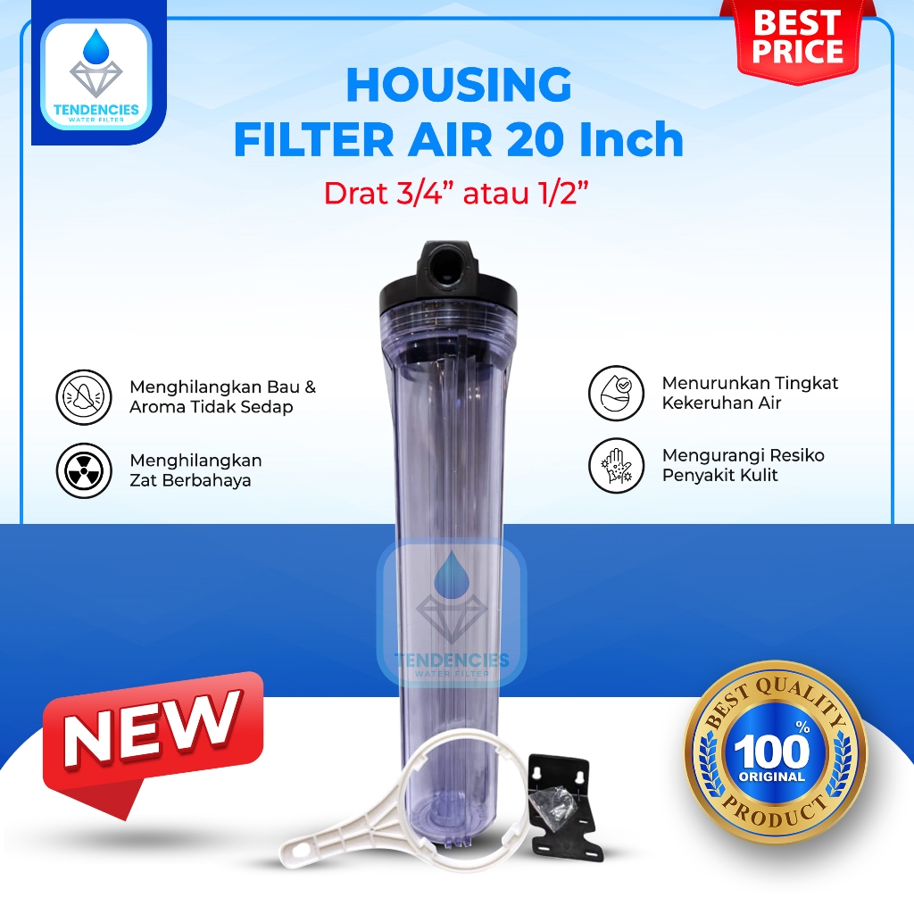 Housing Filter Air 20 Inch Clear Drat 3/4" Atau 1/2" Untuk Rumah Tangga Penjernih Air Sumur