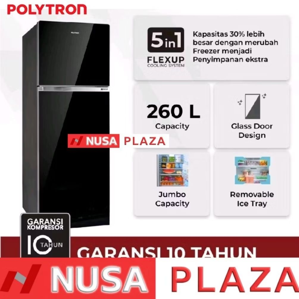 KULKAS POLYTRON 2 PINTU FLEXUP 5 in 1 PRW-29HB BLACK GLASS (KHUSUS MEDAN)