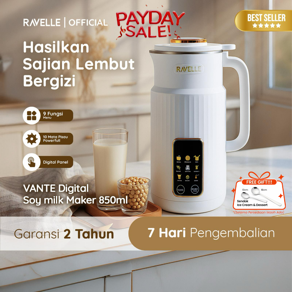RAVELLE Digital Soymilk Maker 850ml - Mesin Pembuat Susu Kacang Multifungsi