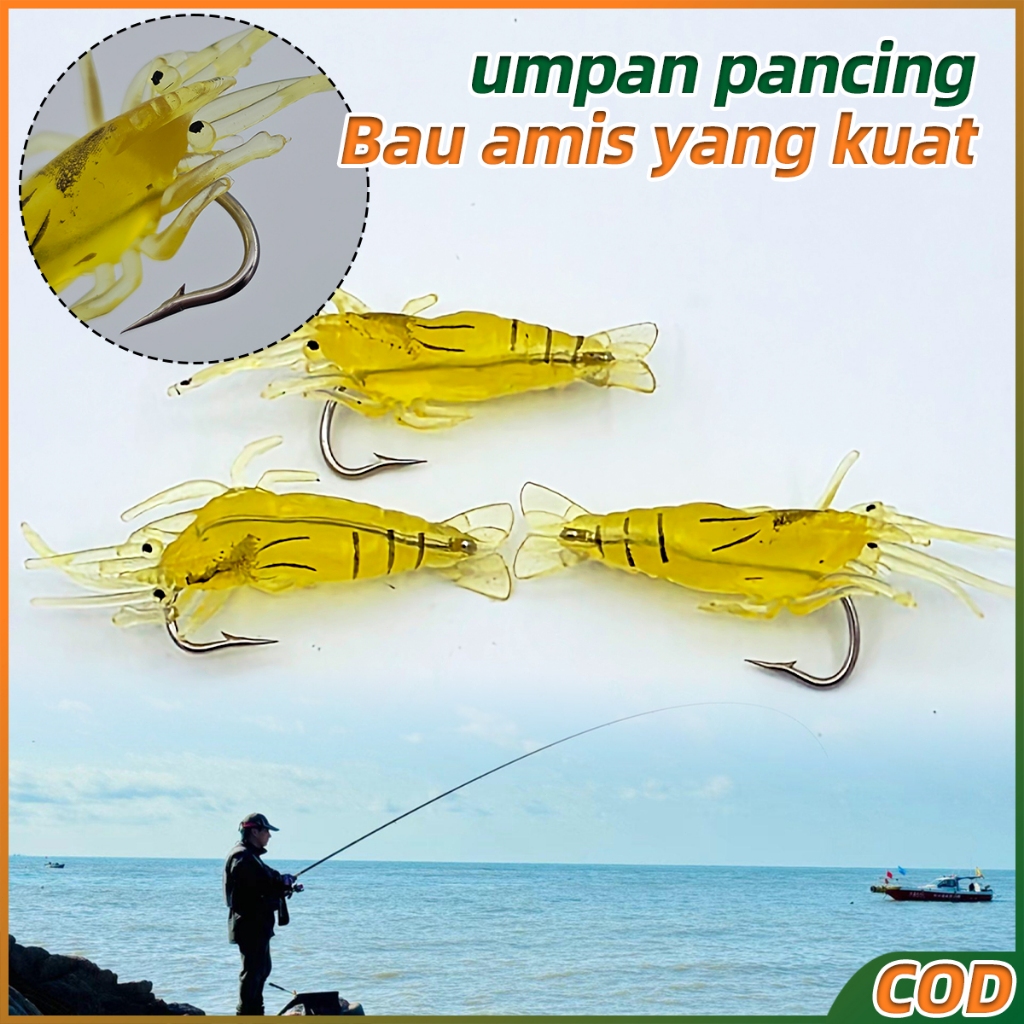 10Pcs Umpan Pancing Udang Tiruan 5cm PVC Bercahaya Kail Stainless Bau Amis Kuat Tarik Ikan Kakap Air