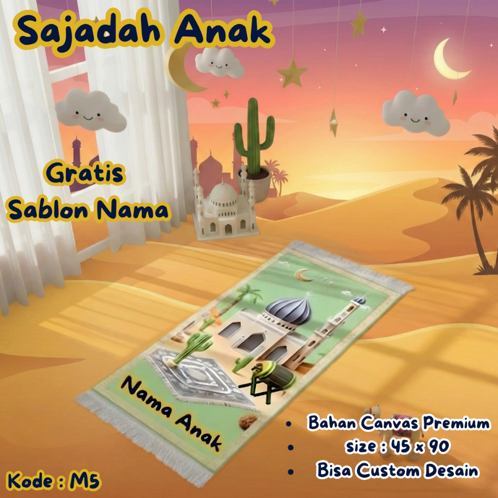 PROMO Sajadah Anak Custom Nama GRATIS Desain Masjid Unik Lucu - Bahan Canvas Premium - Kode M5
