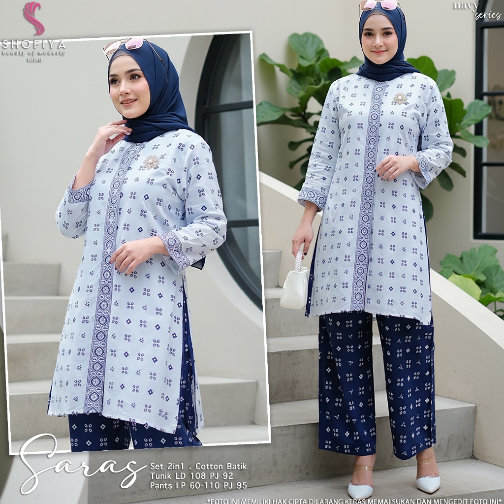 Setelan Batik Saras Set 2in1 Original SHOFIYA Tunik Muslimah Panjang dan Celana Kulot Lebar Cotton B