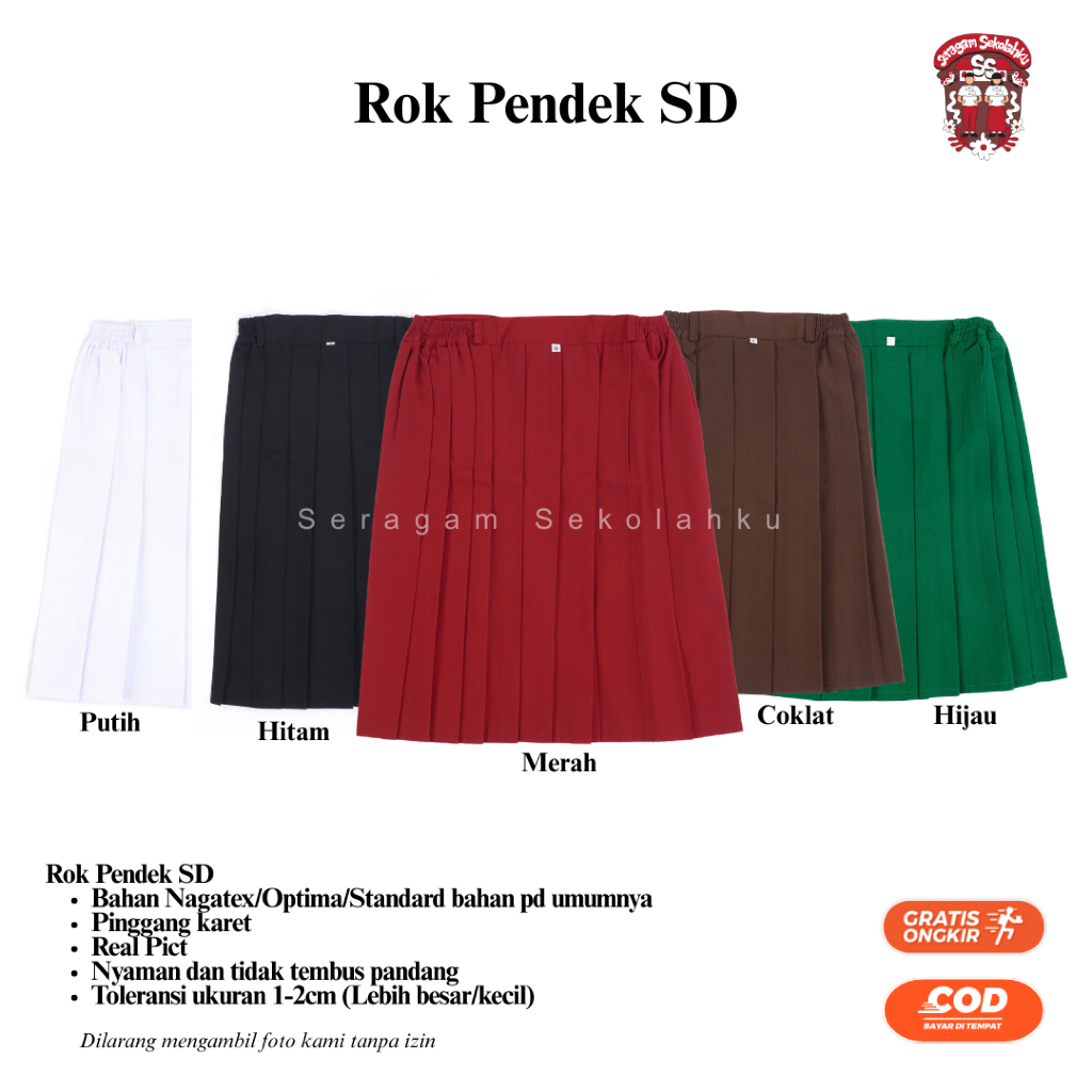 ROK PENDEK Sekolah SD Rok Rempel Perempuan Seragam Sekolah SD MI Warna MERAH PUTIH COKLAT HITAM HIJA