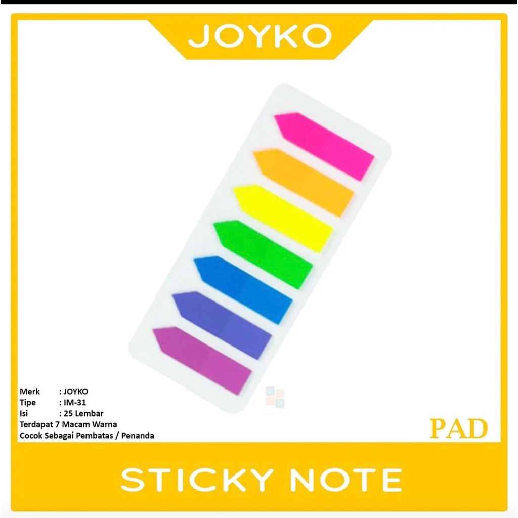 Post It Panah  Joyko 7 Warna isi 25 Lembar / Joyko Sticky note Pembatas Buku Plastik