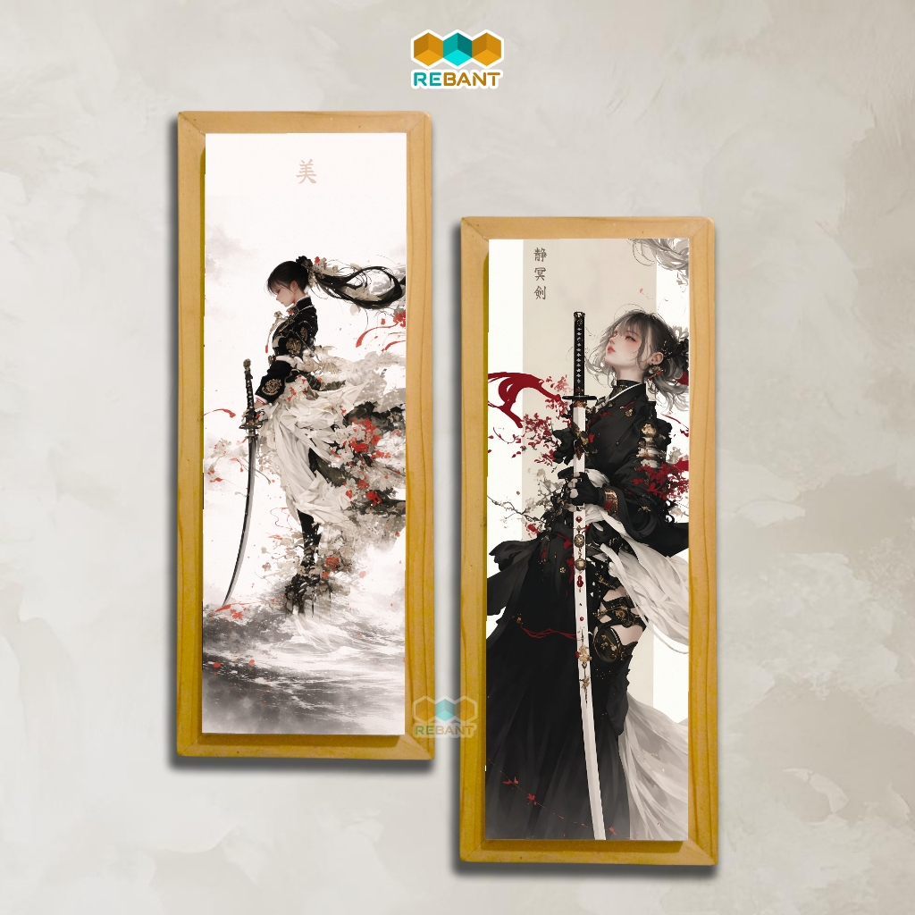 REBANT Hiasan Dinding Frame Kayu Karakter Perempuan Lukisan Aesthetic Modern Jepang Minimalis Elegan