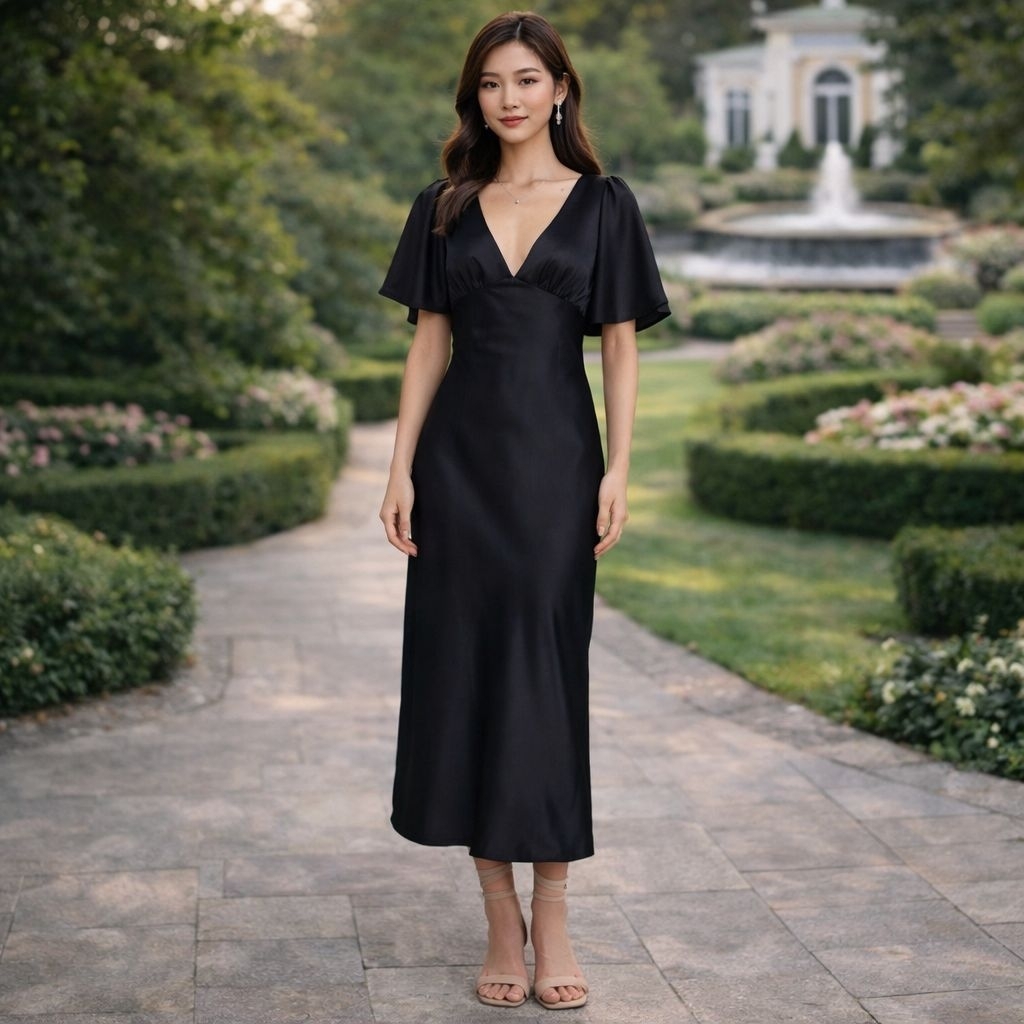 EMILIA DRESS - Dress Pesta Wanita Black Satin Bodycon Midi V Neck Dress Big Size Jumbo Ukuran Besar 