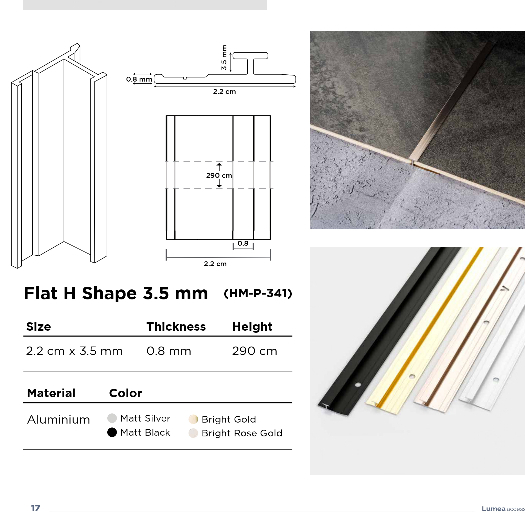 LUMEA Lis Alumunium Flat H Shape 3.5 mm (HM-P-341) ukuran 2.2 cm x 3.5 mm x 290 cm