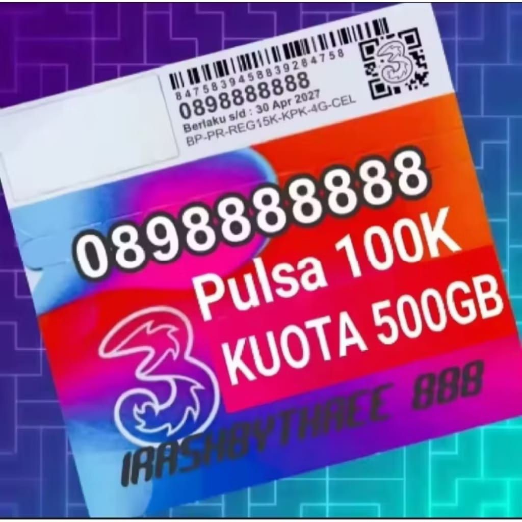Promo kartu Perdana Tri, Nomor cantik 10 Digit dengan Bonus kuota 500GB+Pulsa100K