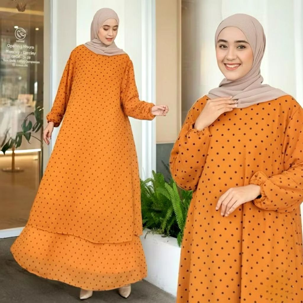 Gamis Muslimah Polka Jumbo Maxy Dress Bahan Ceruty Babydoll Full Furing Motif Polka Allsize LD120