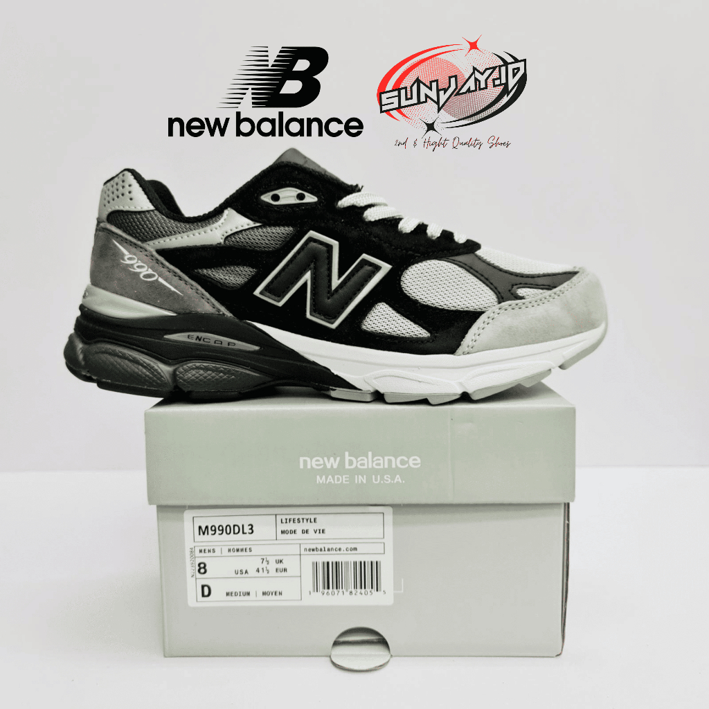Sepatu Sneakers NB 990 Version 3 USA Black Grey Original Unisex Pria Wanita