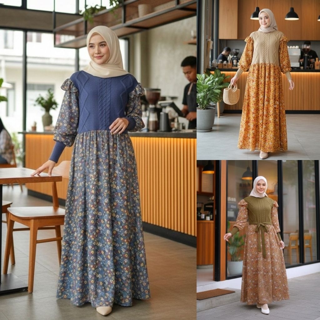 Junnasco Brisia Maxi Dress Rajut Kombinasi Plisket Import & Kombinasi Ceruty Premium Quality