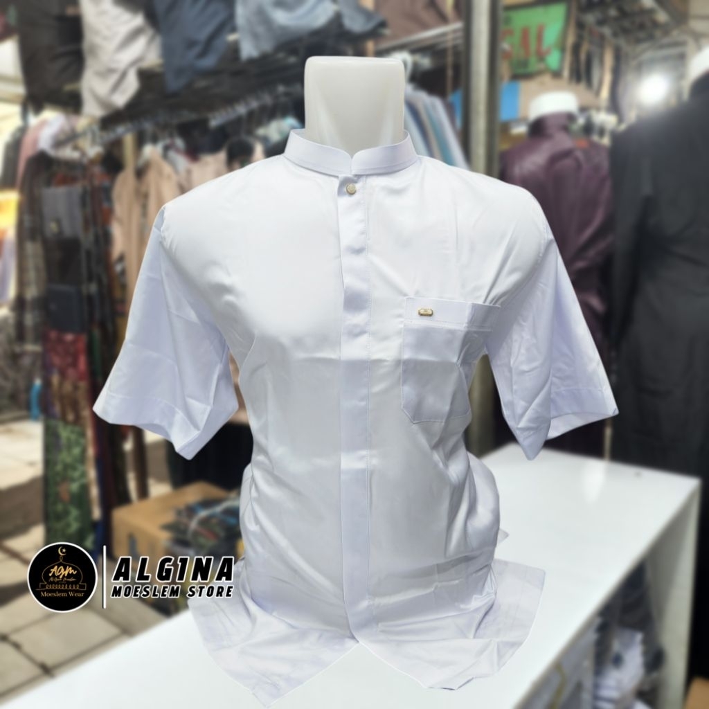 Koko Al Wafa Putih Bahan Satin Korea Lengan Pendek Kancing Thailand | Baju Muslim Lengan Pendek Al W