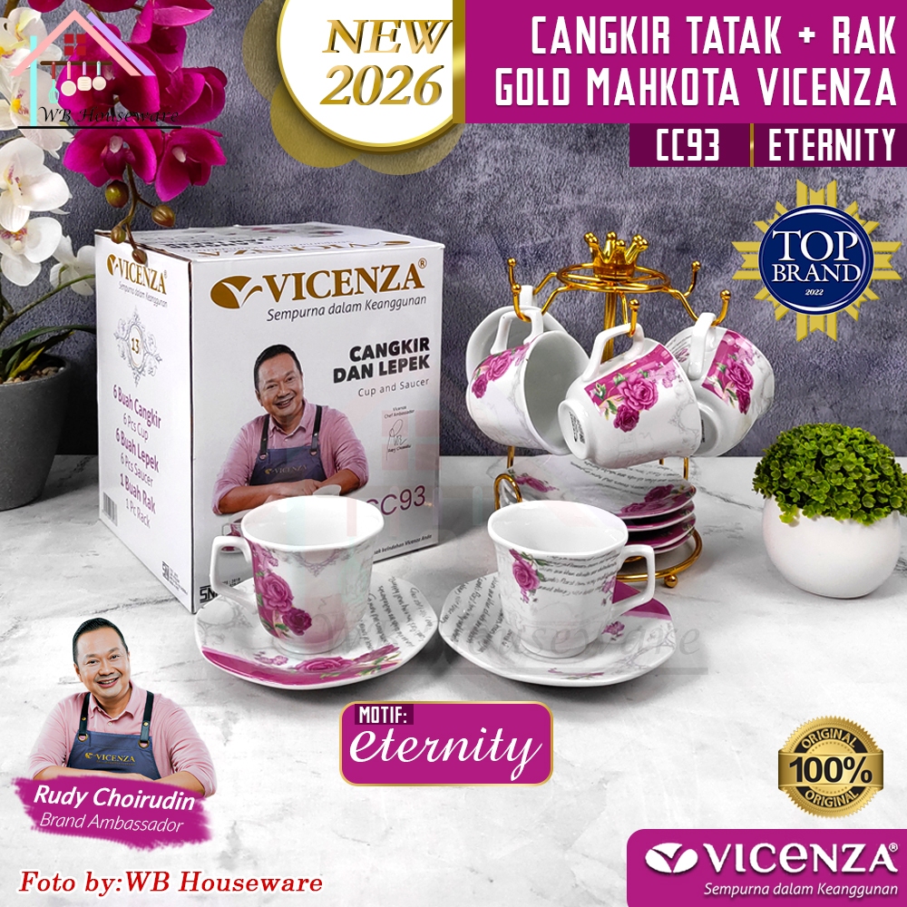 NEW VICENZA Cangkir set 6psg + rak motif eternity / ceramic tea set cup and saucer CCC-93